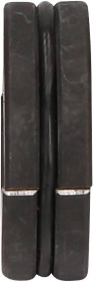 'Black, double-folded pocket knife with rounded edges, closed. Metallic details visible on the hinges.'