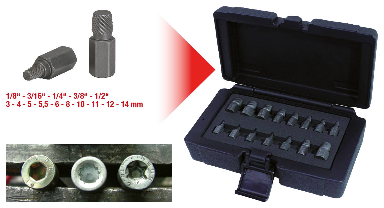 A screw extractor set in a black plastic case. Two individual extractors are pictured in the top left. Sizes: 3-14 mm.