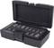 Black tool case with an open lid, displaying sixteen drills arranged in neat rows.