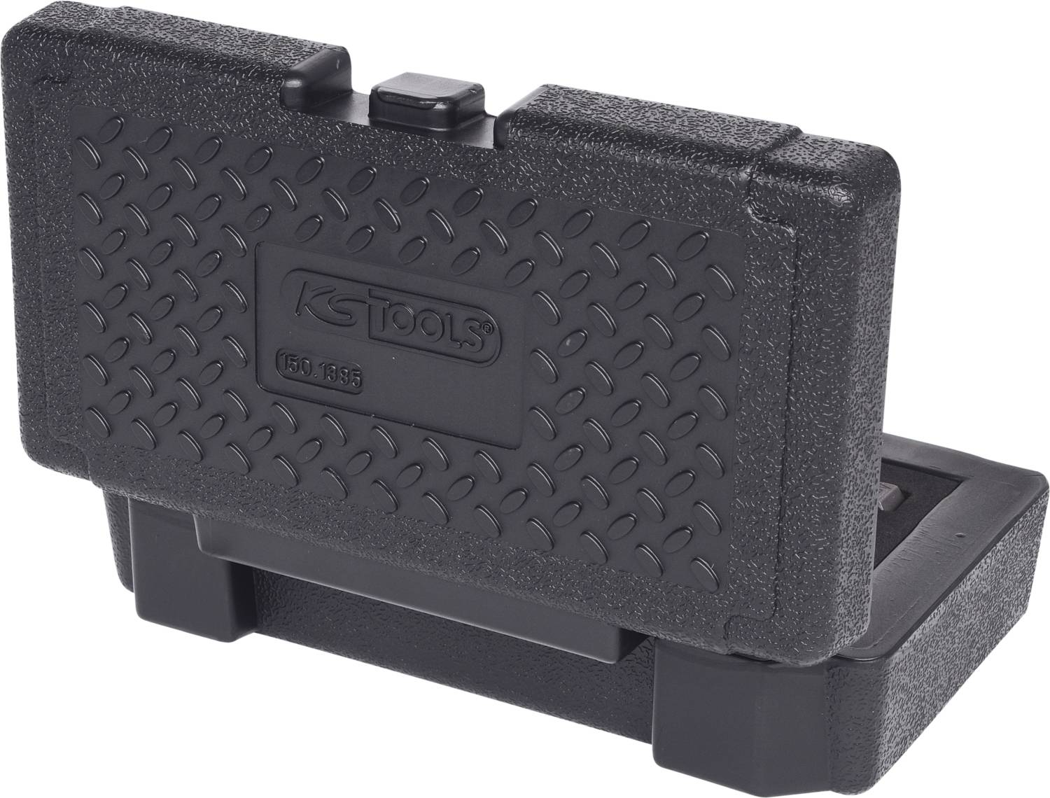 Black plastic tool case marked with 'KS Tools'. Case is closed and shows a sturdy, structured surface.