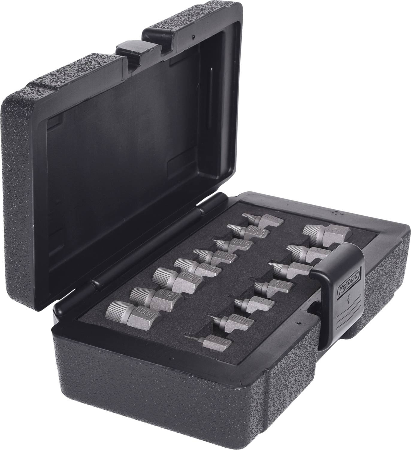 Black plastic toolbox, opened, with several square metal probes arranged in two rows. Box for measuring tools.