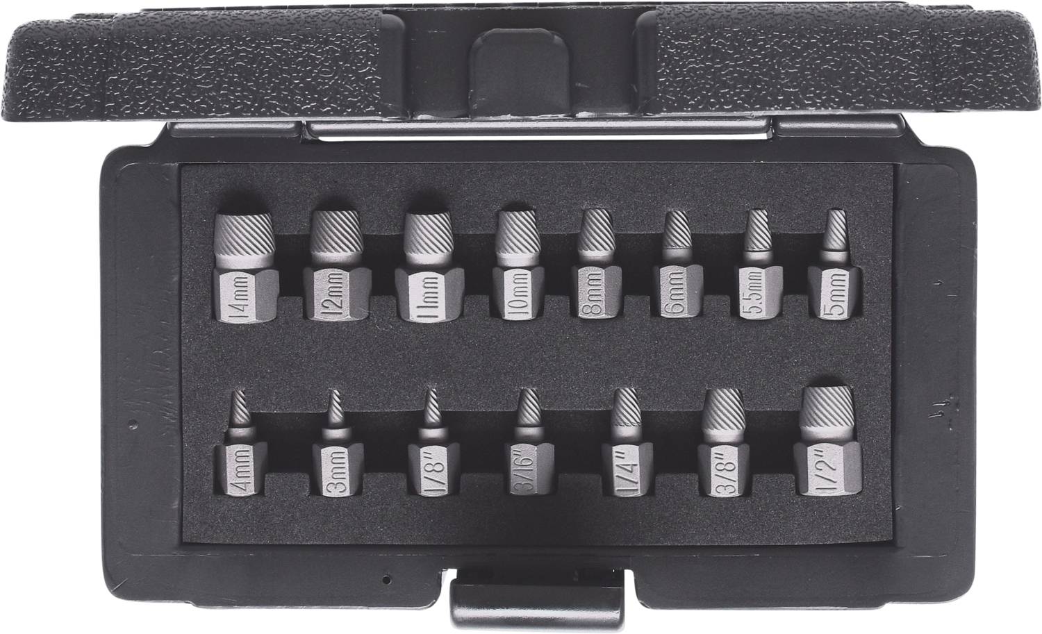 A set of 15 metal milling drill bits in various sizes, neatly arranged in a black case.