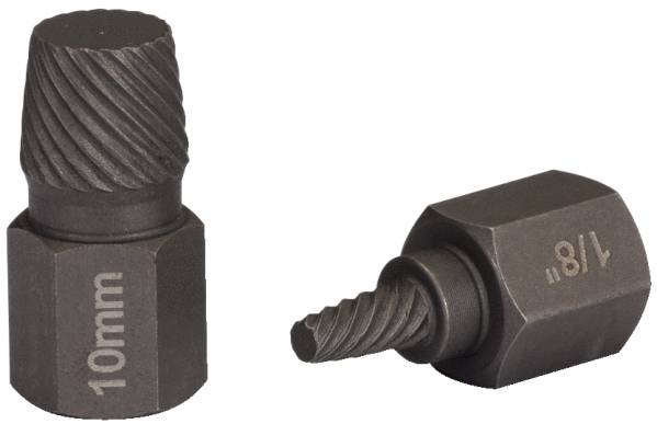 Two cylindrical screwdriver extractors, left marked with '10 mm' and right marked with '1/8', on a white background.