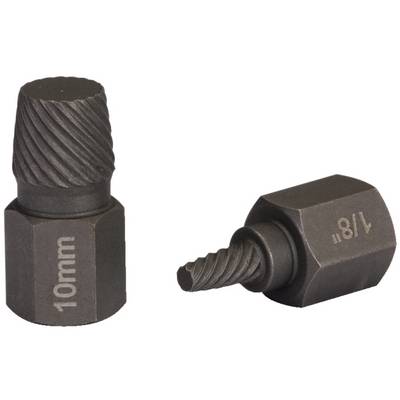 Two black screwdrivers with knurled handles and markings: '10mm' and '1/8'. They are designed for removing damaged screws.