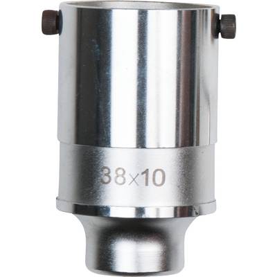 A silver metal sleeve with the engraved inscription '38x10'.