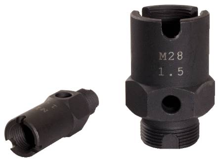 Two black threaded adapters with the inscription 'M28 1.5' on the surface, one standing and one lying down.