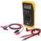 Digital multimeter with a yellow casing, displaying '0.00' on the screen. Beside it are red and black test leads with crocodile clips and probe tips.