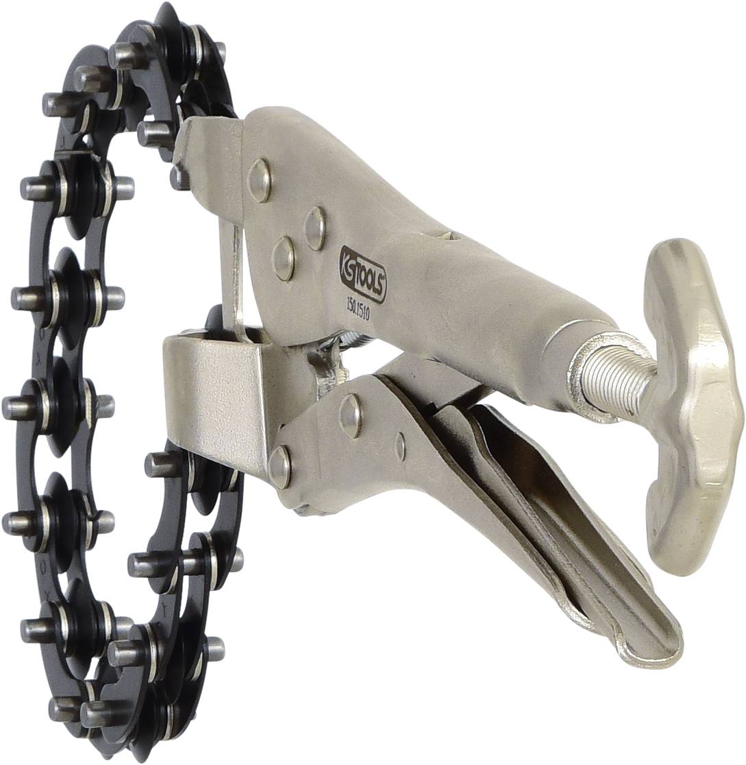 Metallic pipe cutter with chain blade for precise pipe cutting. Suitable for various pipe diameters in workshop environments.