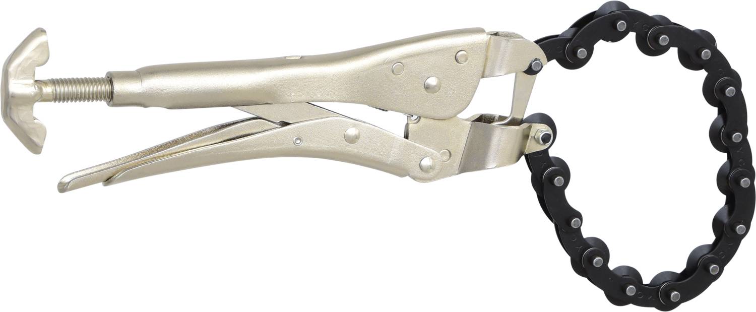 Silver chain pipe wrench with a black chain, suitable for gripping or turning pipes. It has a lever handle for better grip.