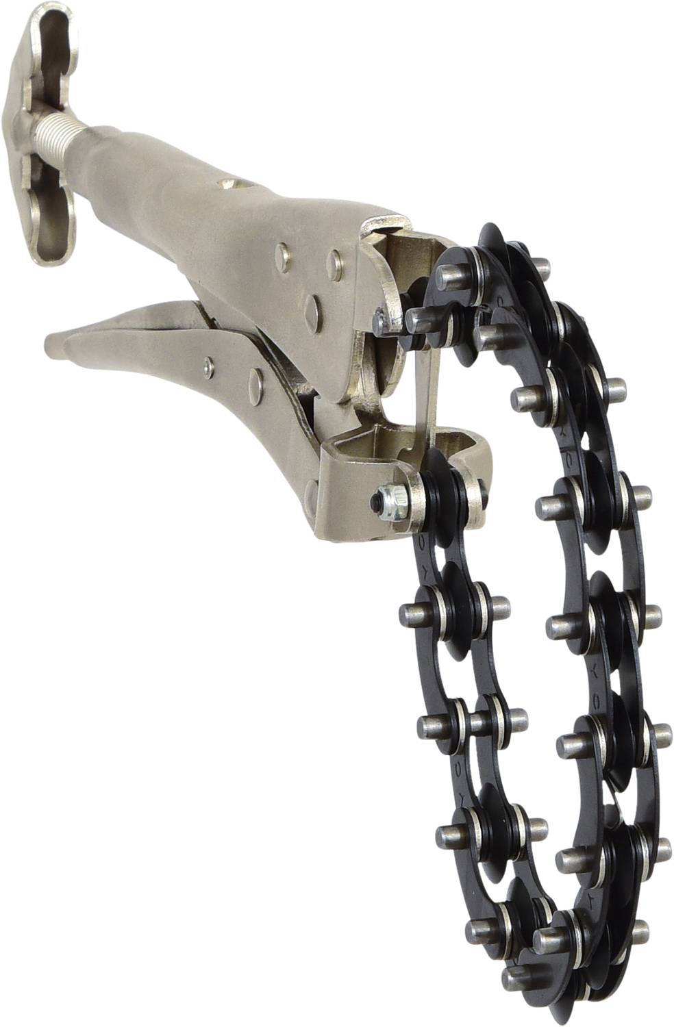 A metal chain pipe wrench with a chain link and a screw mechanism designed to grip and turn pipes securely.