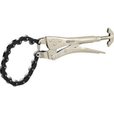 'Adjustable gripping tongs with chain mechanism, suitable for grasping and holding round objects in mechanical work.'