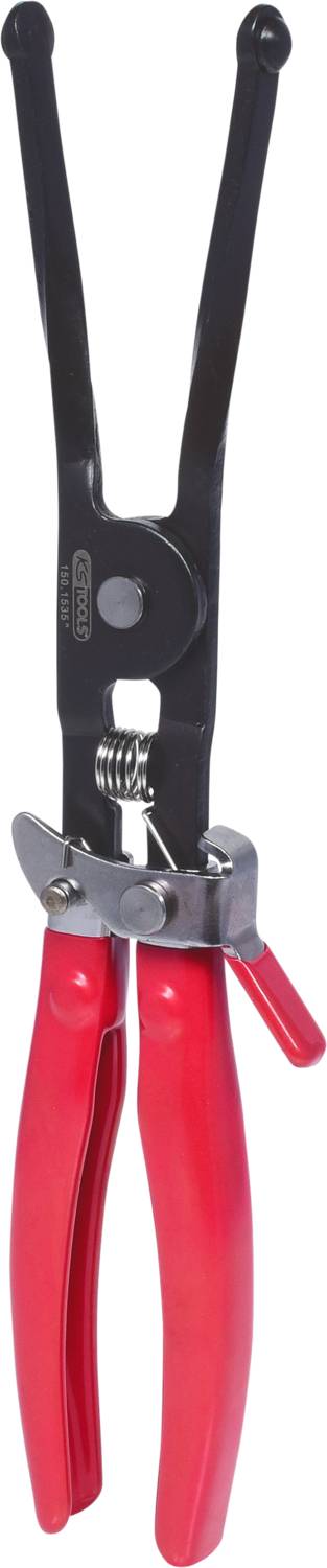 Red and black pliers with spring mechanism. Primarily used for loosening hose clips in automotive applications.