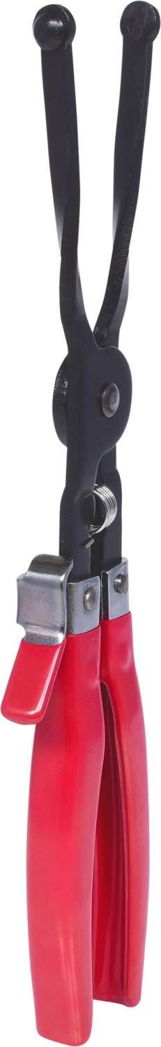 Pliers with red handles and a black body, specifically designed for removing and installing circlips.