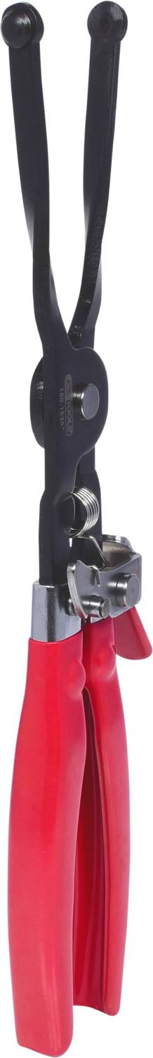 A pair of pliers with red handles and a black working surface, suitable for precision work or gripping small parts.