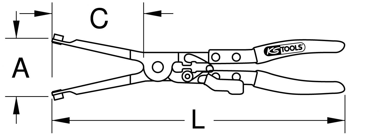 Drawing of a pair of pliers with technical dimensions A, C and L; tool brand is depicted on the handle.