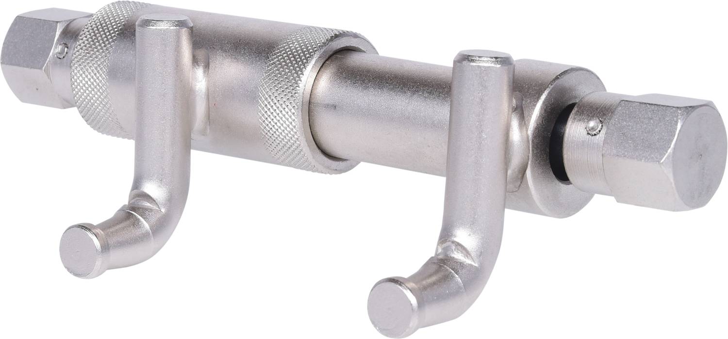 A metallic tool with two hooks and screw fastenings, potentially for specific mechanical applications.