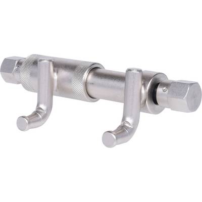 A metallic tool with two hooks and screw fastenings, potentially for specific mechanical applications.