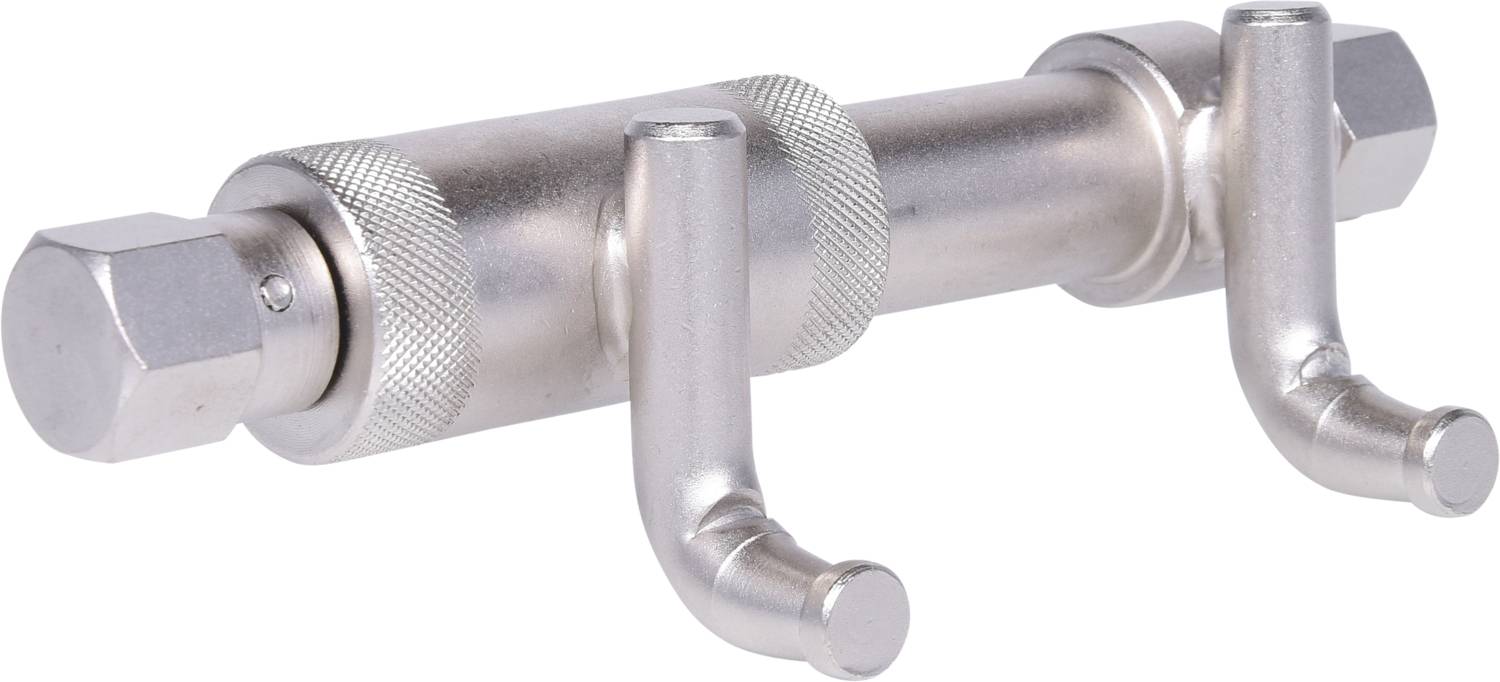 A silver-coloured metal tool with a cylindrical body and two right-angled hooks.