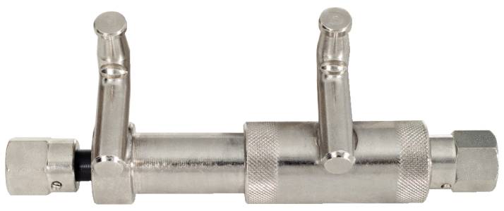 A silver, cylindrical tool with two adjustable levers, used for fine-tuning precision instruments.