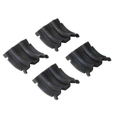 Four black plastic clips on a white background, apparently designed for fastening or connecting objects.