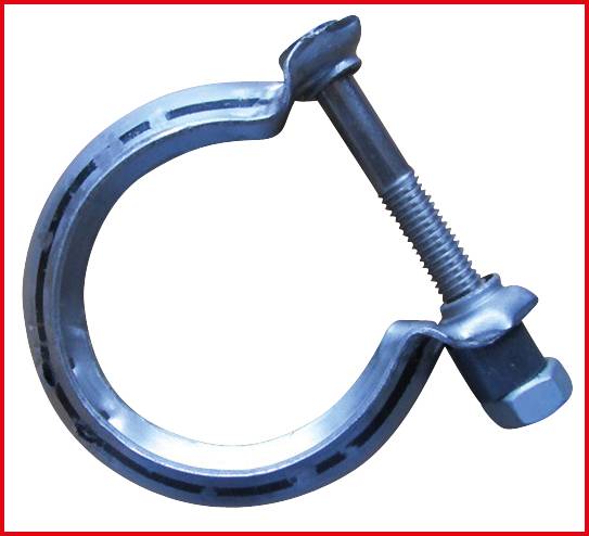 Metal clip with screw, opened, against a white background.
