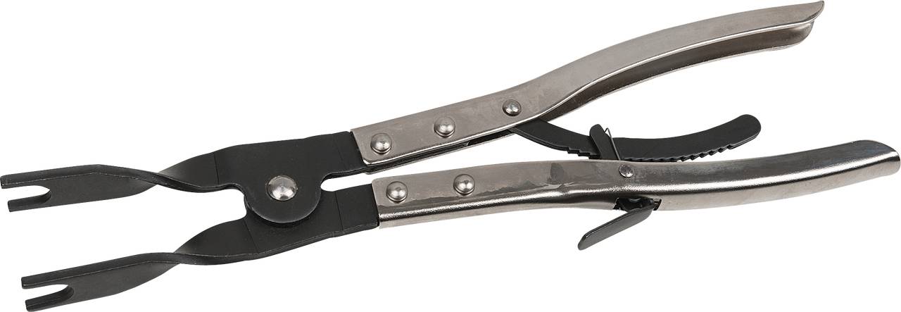 A black and silver pliers with curved handles, used for removing fasteners or clips.