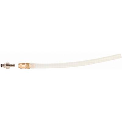 White hose with metal connector on white background, potentially part of an installation or device.