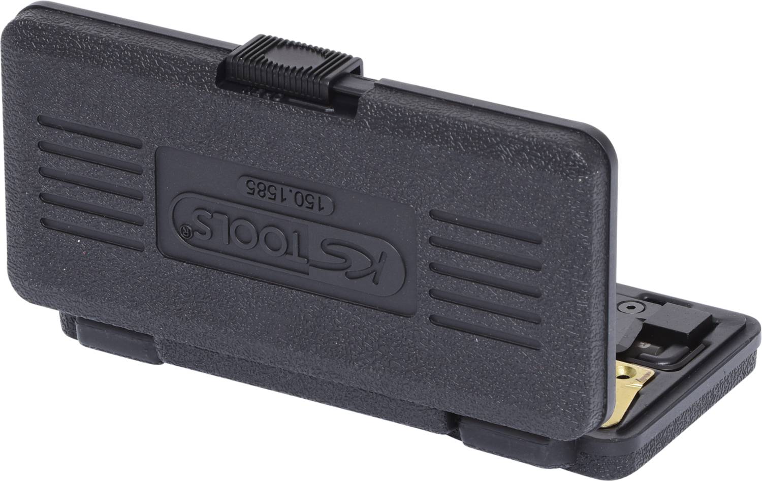 A black plastic case with the inscription 'KS TOOLS' and a model number. It is closed and displays a ribbed surface.