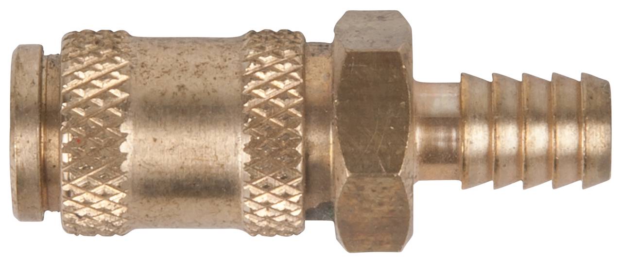 Metal hose connector with knurled handle and threaded screw. Suitable for connection with compatible hoses.
