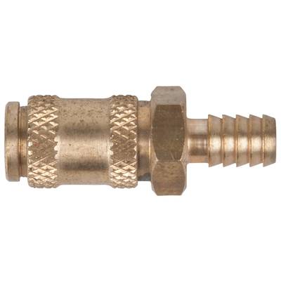 Metal hose connector with knurled handle and threaded screw. Suitable for connection with compatible hoses.