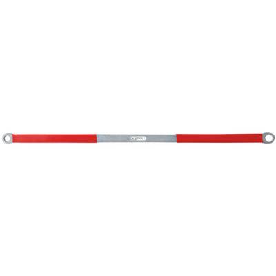 Red fitness resistance band loop with grey central section and round openings at both ends.