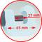 A U-shaped metal tool is accompanied by arrows and measurements: width 65 mm, opening 27 mm. The tool appears robust.