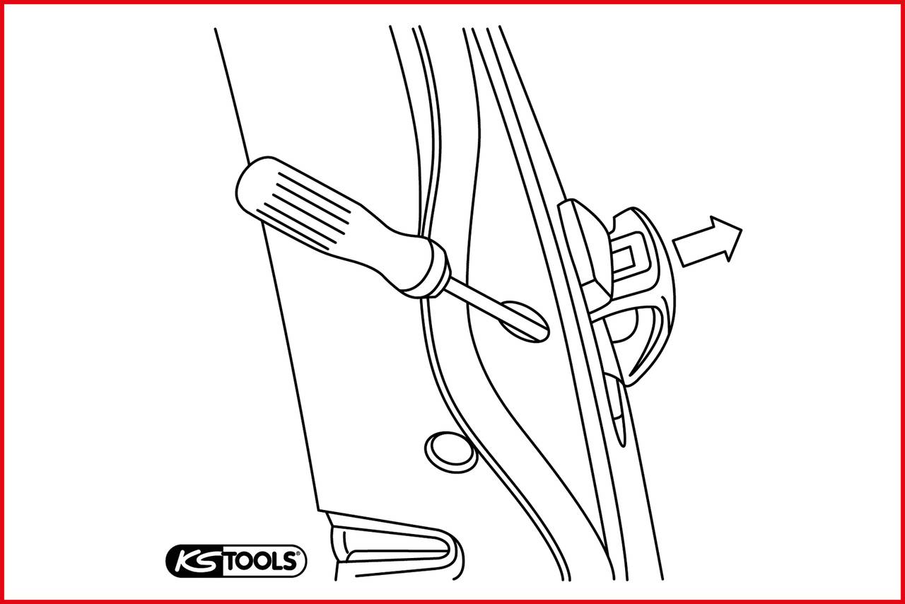 Tool illustration shows a flathead screwdriver being used to remove a door panel. KS Tools logo in the bottom left.