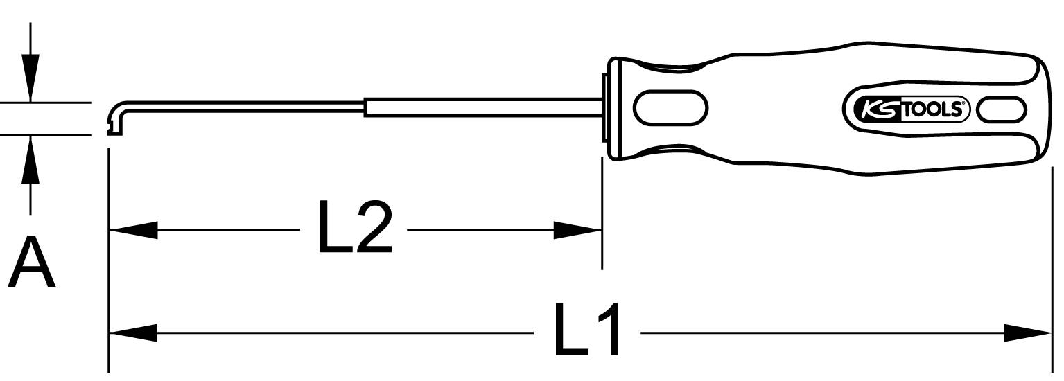 Drawing of a hook screwdriver with lengths L1 and L2 and height A. Tool by KS Tools, showing dimensions for size determination.