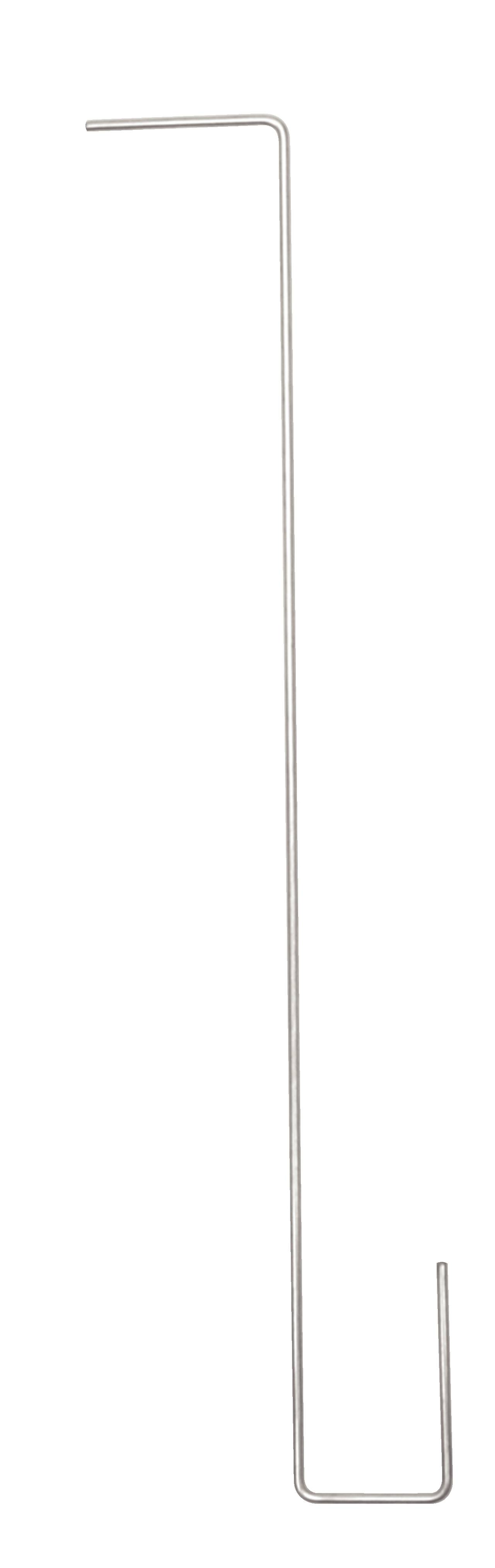 Metal hook with a long, right-angled bend at the top, likely for hanging objects.