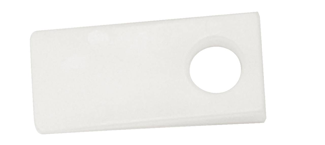 White rectangular plastic plate with a round hole in the top right corner.