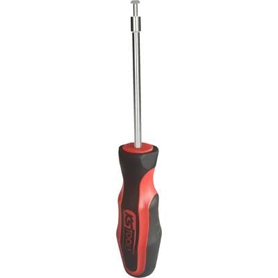 A red and black hexagonal screwdriver with a magnetic tip for easy screw tightening.