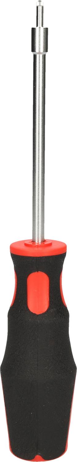 Screwdriver with a long metal shaft and ergonomic red and black handle, suitable for precise screwing.