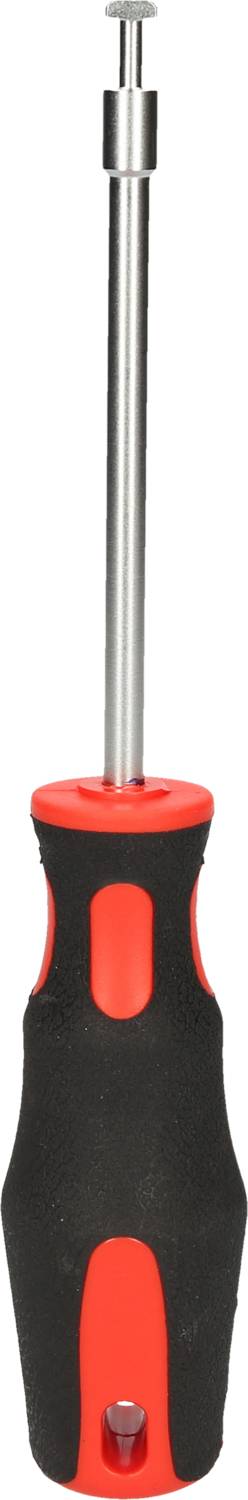 A screwdriver with a red and black handle and a long metal blade.