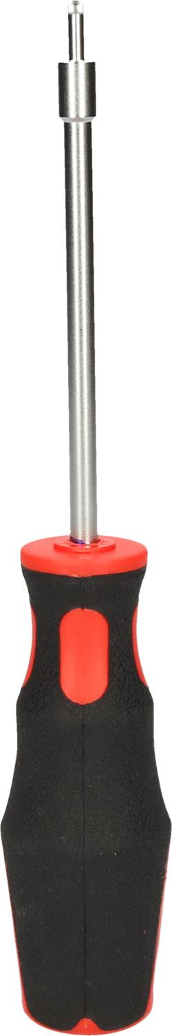 Black and red screwdriver with a long, silver shaft and a round head attachment.