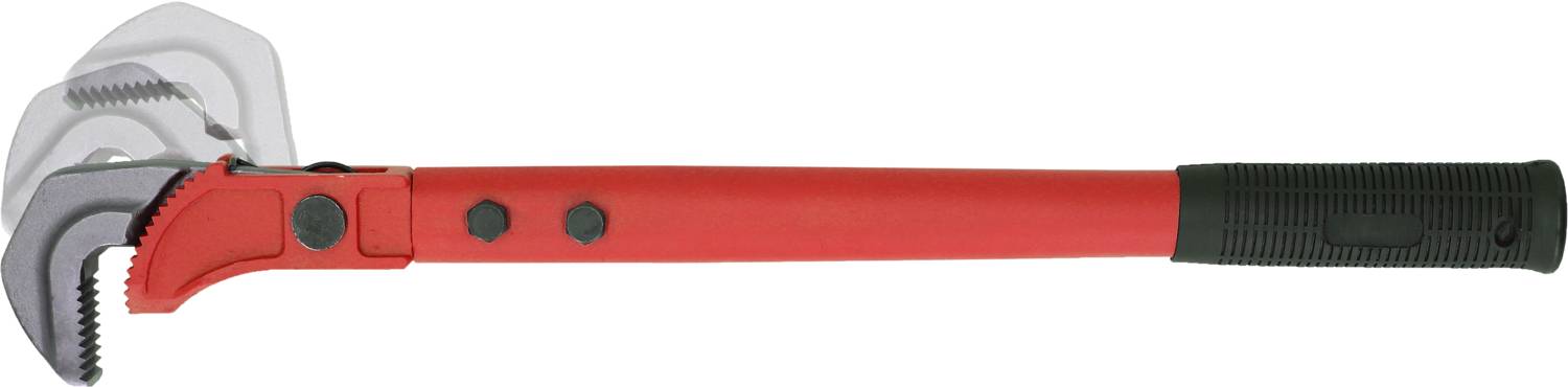 Pipe pliers with a red handle and black grip end, suitable for gripping and turning pipes.