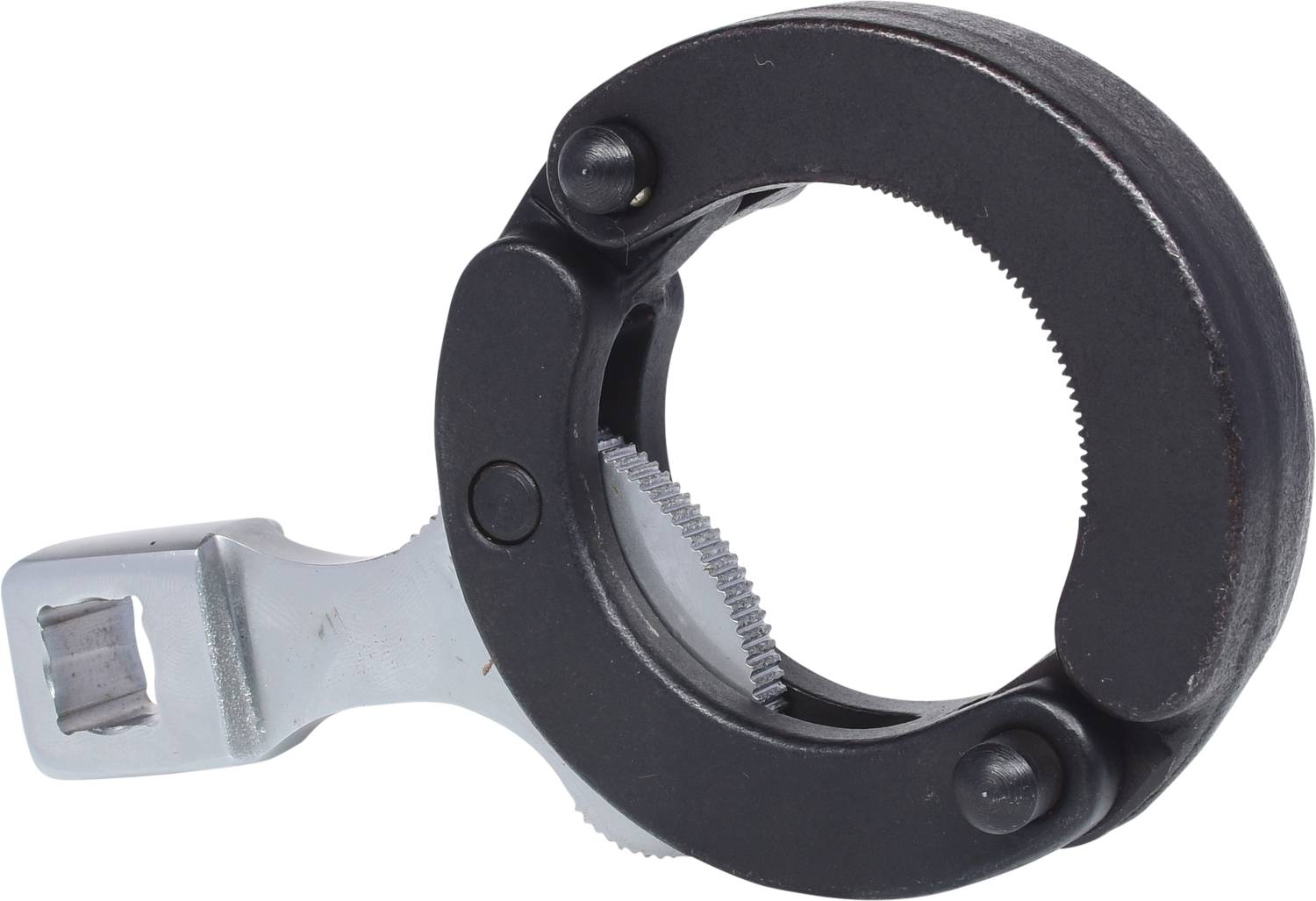 A black pipe wrench with a cylindrical head and a knurled inner ring, suitable for gripping and turning pipes.