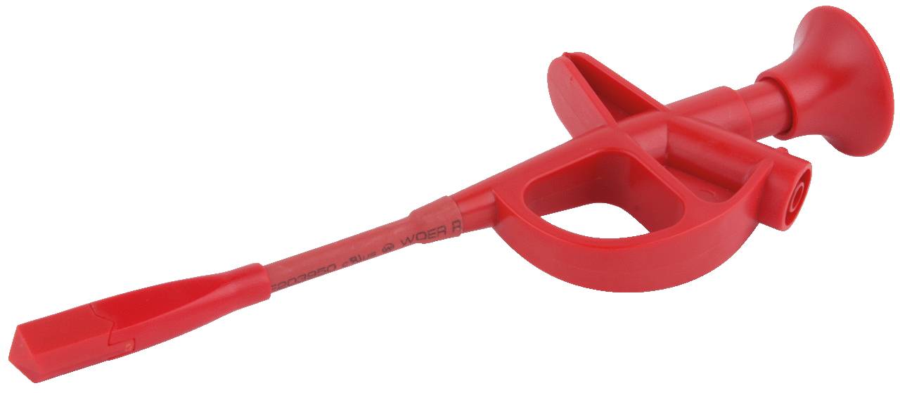 Red medical device with a handle and narrow end, possibly a tool for bone penetration or medication delivery.