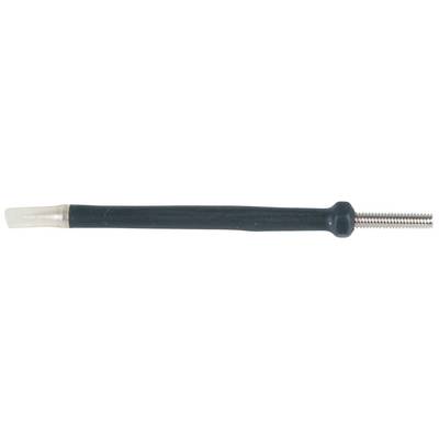 A black, cylindrical object with a white cap on the left and a metallic thread on the right.