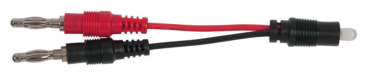 A pair of audio banana plugs, red and black, connected to a white, round plastic element at the end of the cables.