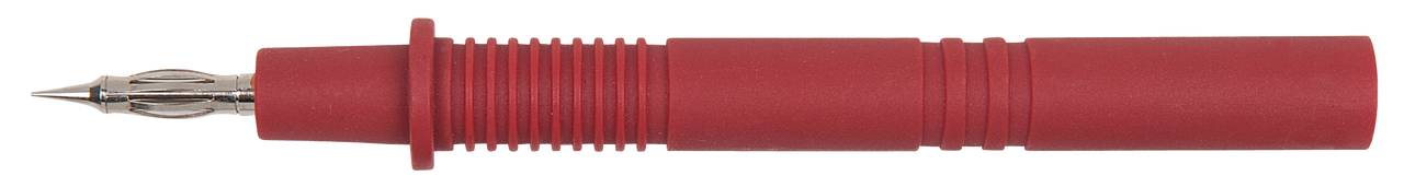 A red fountain pen without its cap, lying down. The nib and grip area with a ribbed texture are visible.