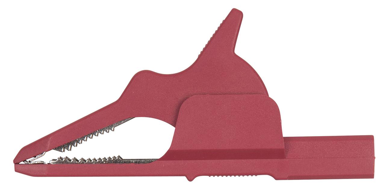 Red crocodile clip with serrated metal handle. It is often used for connecting cables in electrical circuits.