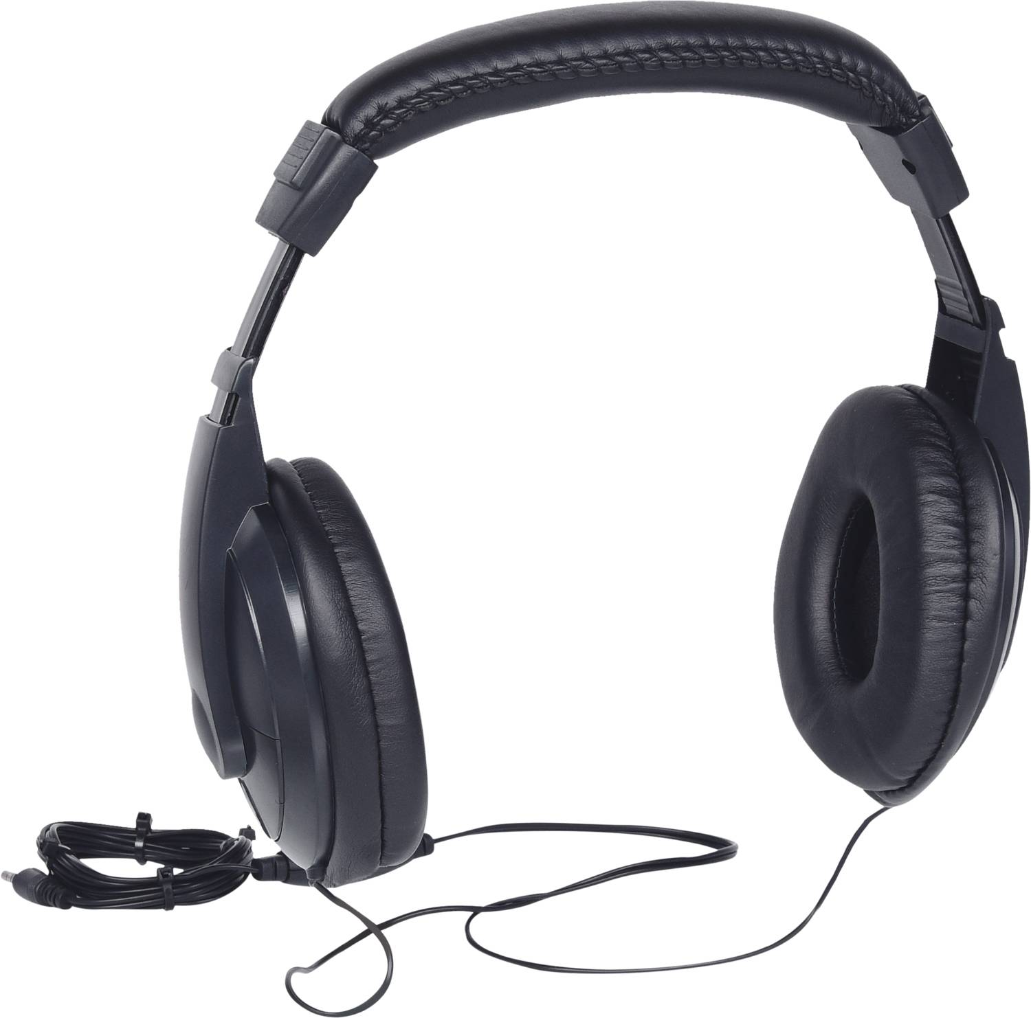 Black over-ear wired headphones, suitable for music or audio applications, displayed against a white background.