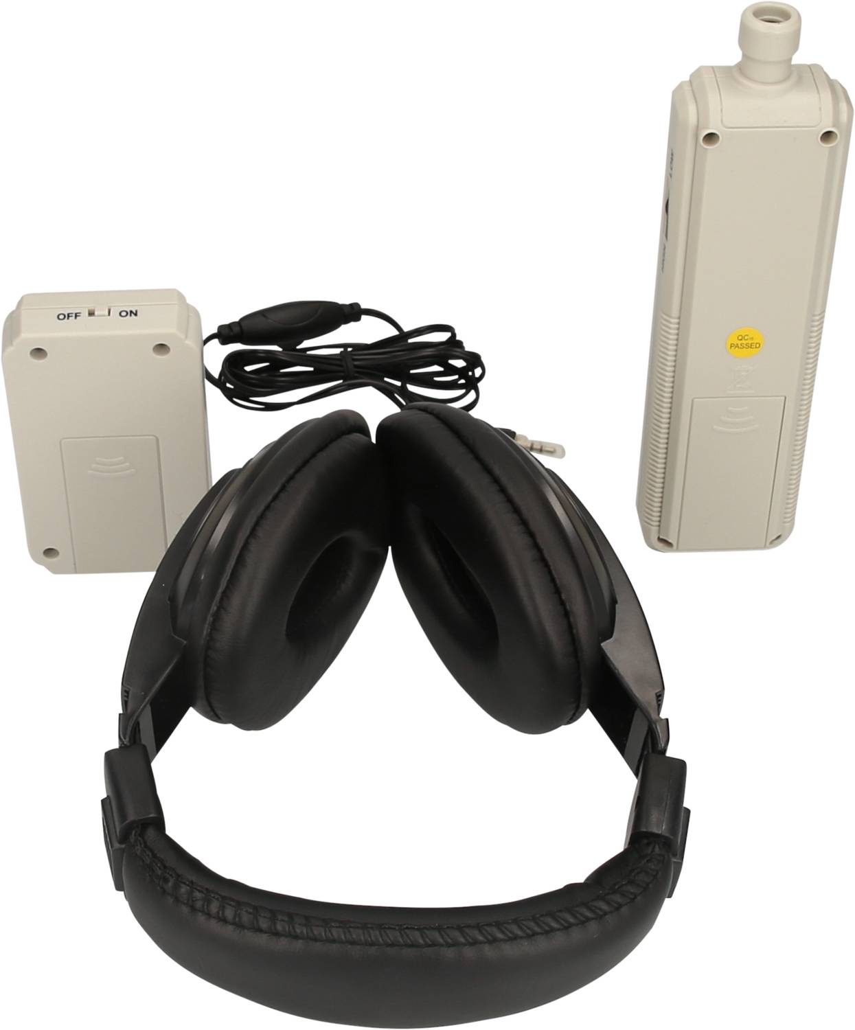 Black headphones with white wireless transmitters and receivers. The switch on the receiver shows 'Off' and 'On'.