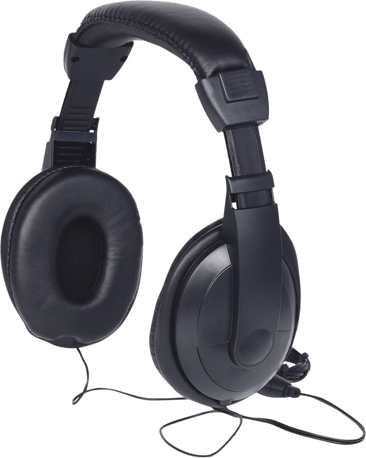 Black over-ear headphones with a padded headband and ear cups, connected by a cable, on a white background.